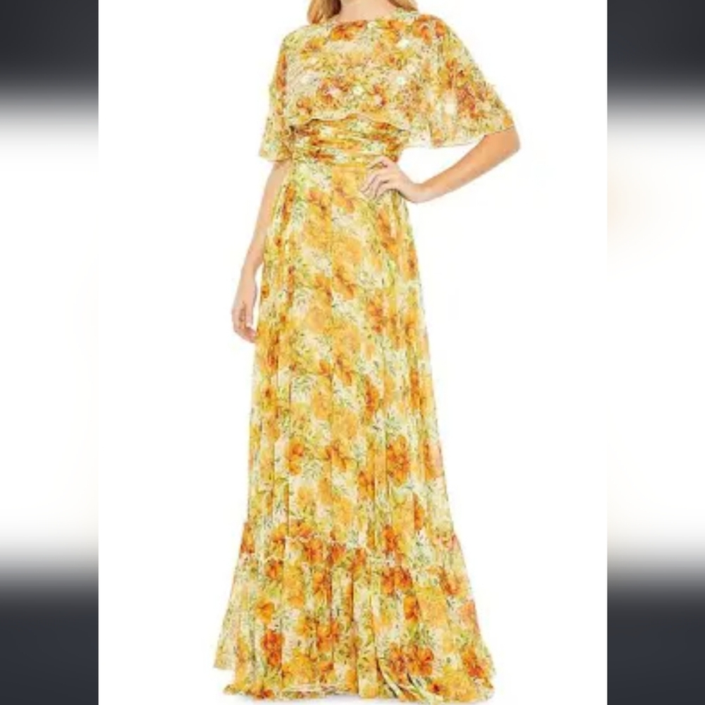 NWT Mac Duggal Yellow Floral Chiffon Maxi Gown Dress Cape Weddimg Garden Party